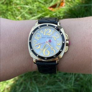 Betsey Johnson Leather Band Gold Tone Quartz Watch